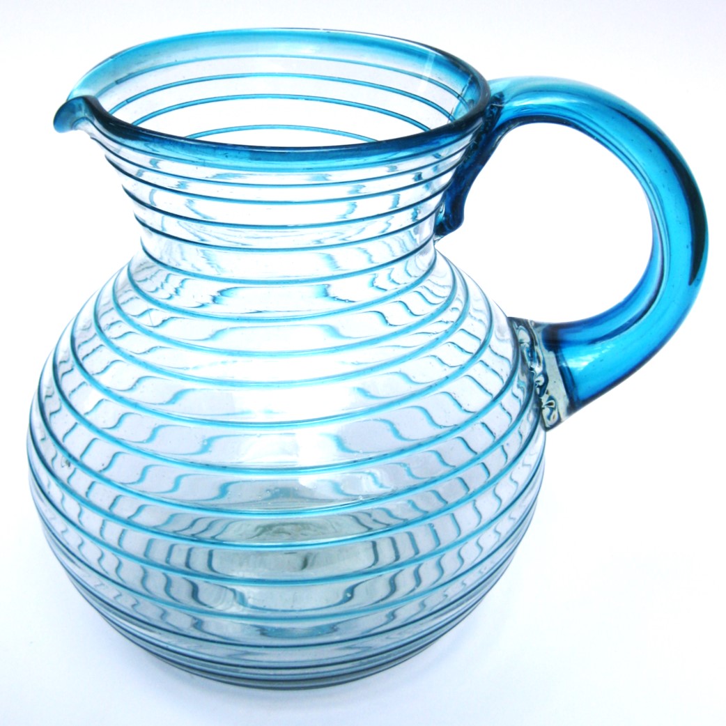 Jarra de vidrio soplado con espiral azul aqua, 120 oz, Vidrio Reciclado, Libre de Plomo y Toxinas